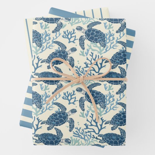 Blauw en crème Zee schildpadden en strepen Inpakpapier Vel (In situ)