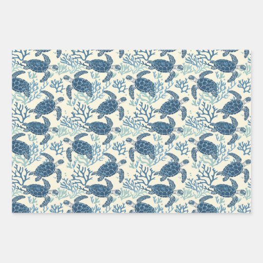 Blauw en crème Zee schildpadden en strepen Inpakpapier Vel (Voorkant)