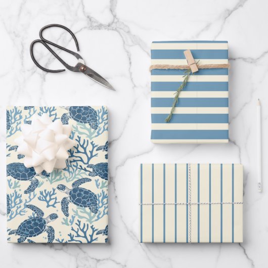 Blauw en crème Zee schildpadden en strepen Inpakpapier Vel (Voorkant)