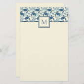 Blauw en crème Zee Turtle Monogram Briefpapier (Voorkant / Achterkant)