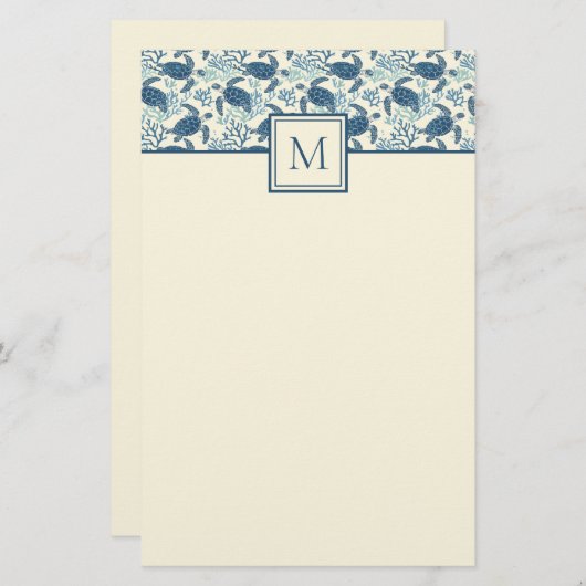 Blauw en crème Zee Turtle Monogram Briefpapier (Voorkant / Achterkant)