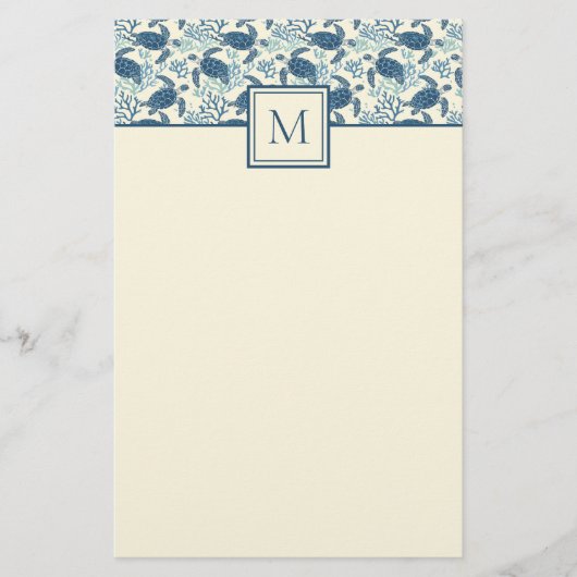 Blauw en crème Zee Turtle Monogram Briefpapier (Voorkant)