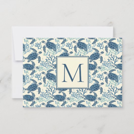 Blauw en crème Zee Turtle Monogram Notitiekaartje (Voorkant)