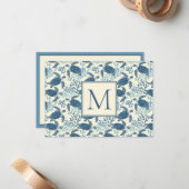 Blauw en crème Zee Turtle Monogram Notitiekaartje (Voorkant / Achterkant in situ)