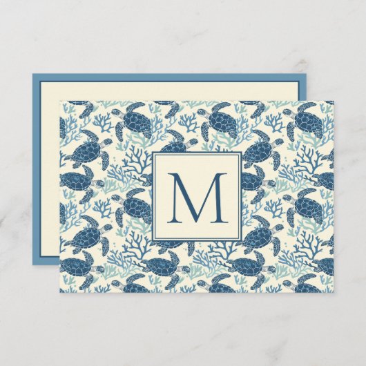 Blauw en crème Zee Turtle Monogram Notitiekaartje (Voorkant / Achterkant)