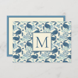 Blauw en crème Zee Turtle Monogram Notitiekaartje