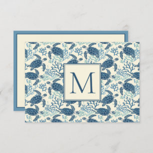 Blauw en crème Zee Turtle Monogram Notitiekaartje
