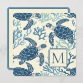 Blauw en crème Zee Turtles Monogram (Voorkant / Achterkant)
