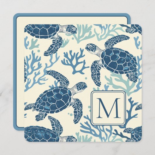 Blauw en crème Zee Turtles Monogram (Voorkant / Achterkant)