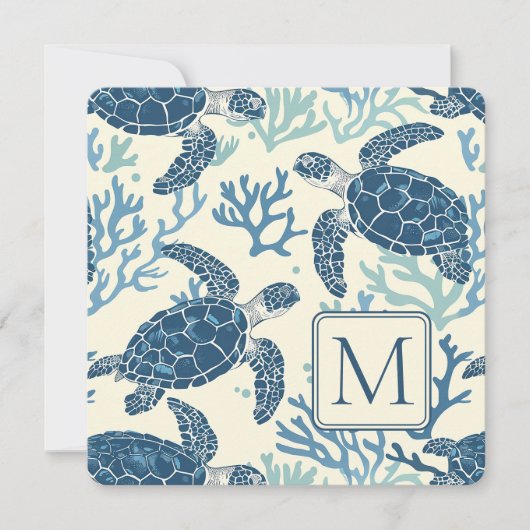 Blauw en crème Zee Turtles Monogram (Voorkant)