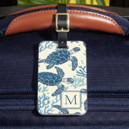 Blauw en crème Zee Turtles Monogram Bagagelabel