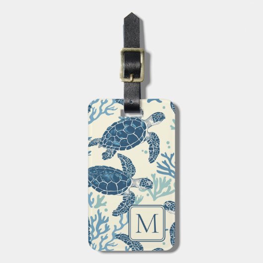 Blauw en crème Zee Turtles Monogram Bagagelabel (Voorkant verticaal)