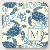 Blauw en crème Zee Turtles Monogram Bier Onderzetter (Voorkant)