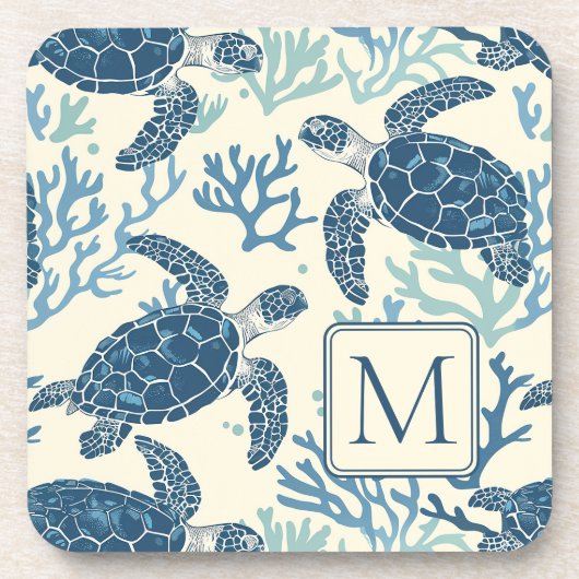 Blauw en crème Zee Turtles Monogram Bier Onderzetter (Voorkant)