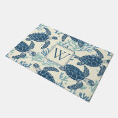 Blauw en crème Zee Turtles Monogram Deurmat (Schuin)