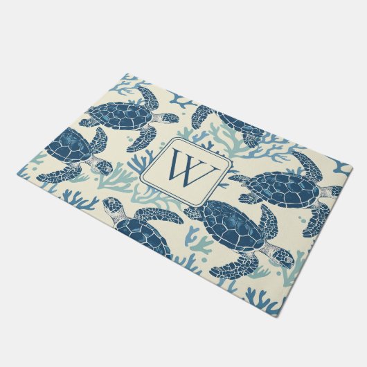 Blauw en crème Zee Turtles Monogram Deurmat (Schuin)