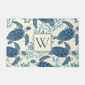 Blauw en crème Zee Turtles Monogram Deurmat (Voorkant)