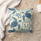 Blauw en crème Zee Turtles Monogram Kussen (Deken)