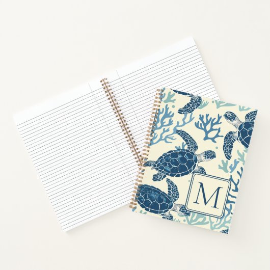 Blauw en crème Zee Turtles Monogram Notitieboek (Binnen)