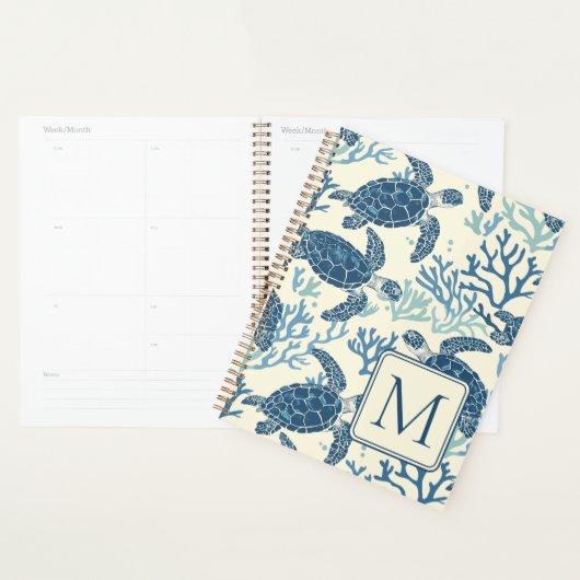 Blauw en crème Zee Turtles Monogram Planner (Display)