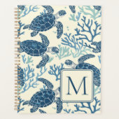 Blauw en crème Zee Turtles Monogram Planner (Voorkant)