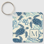 Blauw en crème Zee Turtles Monogram Sleutelhanger (Voorkant)