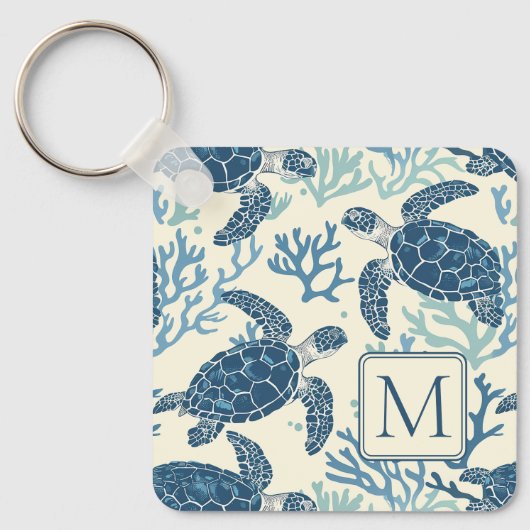 Blauw en crème Zee Turtles Monogram Sleutelhanger (Voorkant)