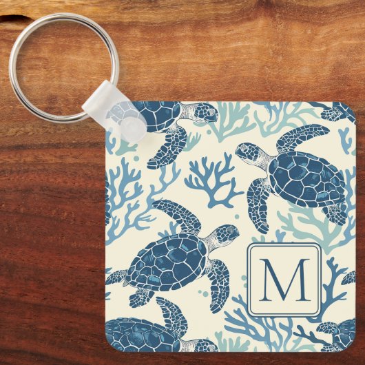 Blauw en crème Zee Turtles Monogram Sleutelhanger (Voorkant)