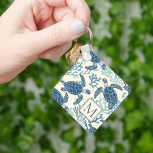 Blauw en crème Zee Turtles Monogram Sleutelhanger