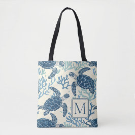 Blauw en crème Zee Turtles Monogram Tote Bag