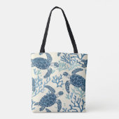 Blauw en crème Zee Turtles Monogram Tote Bag (Achterkant)
