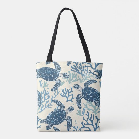 Blauw en crème Zee Turtles Monogram Tote Bag (Achterkant)
