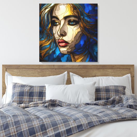 Blauw en de gouden elegantie - AI in opkomst Canvas Afdruk (Insitu (Slaapkamer))