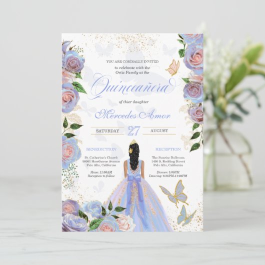 Blauw en dubbelroze rozen Butterfly Quinceanera Kaart (Staand voorkant)