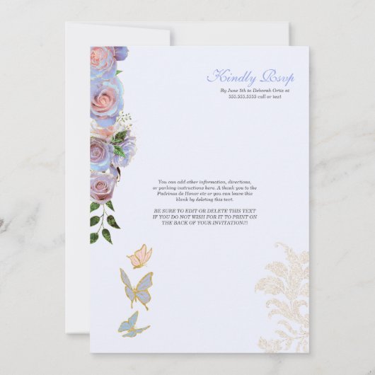 Blauw en dubbelroze rozen Butterfly Quinceanera Kaart (Achterkant)