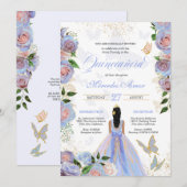 Blauw en dubbelroze rozen Butterfly Quinceanera Kaart (Voorkant / Achterkant)