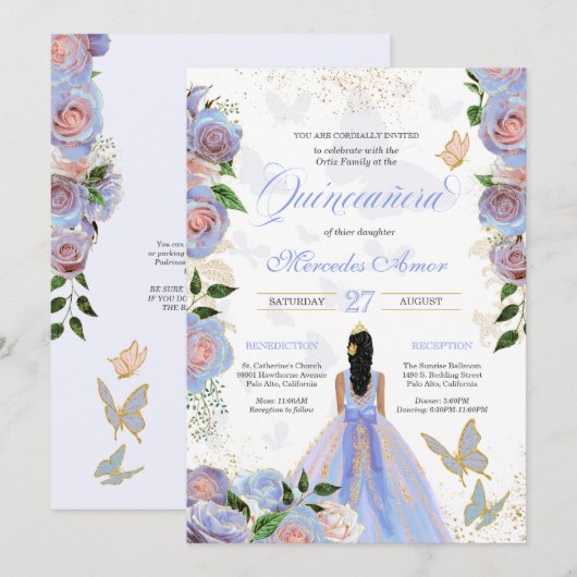 Blauw en dubbelroze rozen Butterfly Quinceanera Kaart (Voorkant / Achterkant)