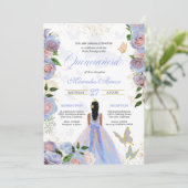 Blauw en dubbelroze rozen Butterfly Quinceanera Kaart (Staand voorkant)