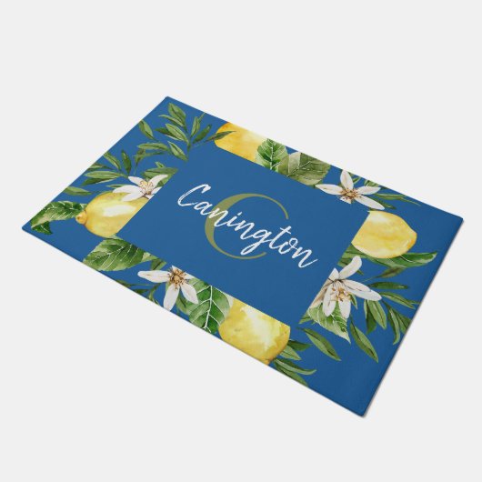 Blauw en emon mediterraan monogram - Welkomstwoord Deurmat (Schuin)