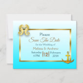 Blauw en Faux Gold Nautical Save the Date Magnet Magnetische Uitnodiging (Voorkant)