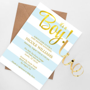 Blauw en Faux Gold Stripes Boy Baby shower Kaart