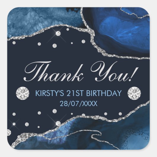 Blauw en faux Silver Glitter Agate Birthday Vierkante Sticker (Voorkant)
