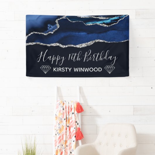 Blauw en Faux Silver Glitter Agate Sweet 16 Spandoek (Insitu)