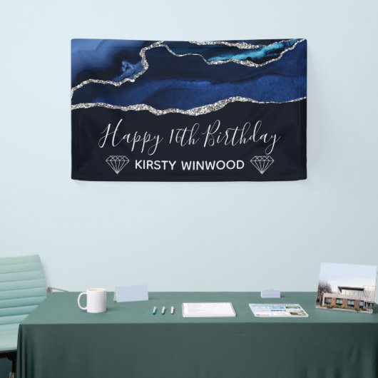 Blauw en Faux Silver Glitter Agate Sweet 16 Spandoek (Beurs)