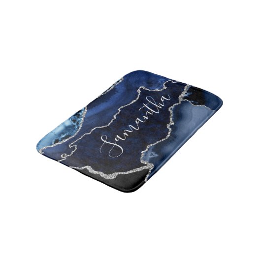 Blauw en Faux Silver Glitter Marble Agate Badmat (Gekanteld)