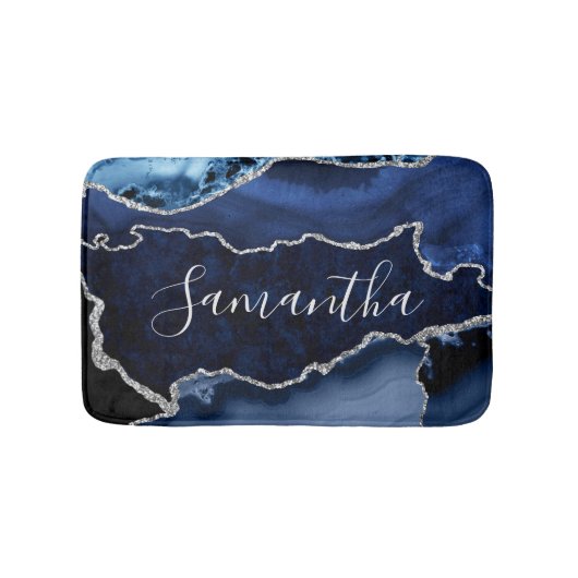 Blauw en Faux Silver Glitter Marble Agate Badmat (Voorkant)