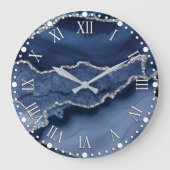Blauw en Faux Silver Glitter Marble Agate Grote Klok (Voorkant)