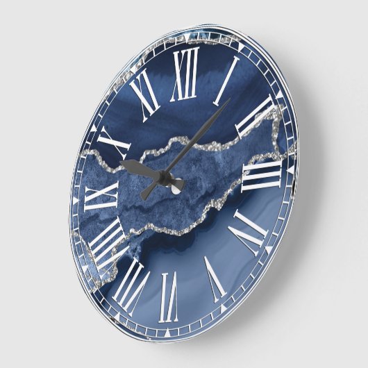 Blauw en Faux Silver Glitter Marble Agate Grote Klok (Hoek)