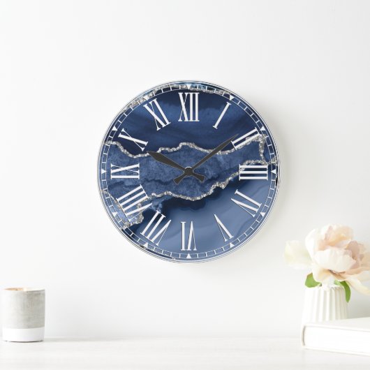 Blauw en Faux Silver Glitter Marble Agate Grote Klok (Huis)