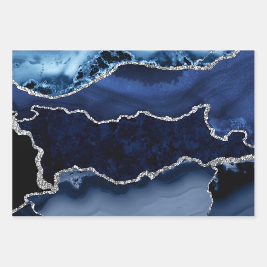 Blauw en Faux Silver Glitter Marble Agate Inpakpapier Vel (Voorkant 2)